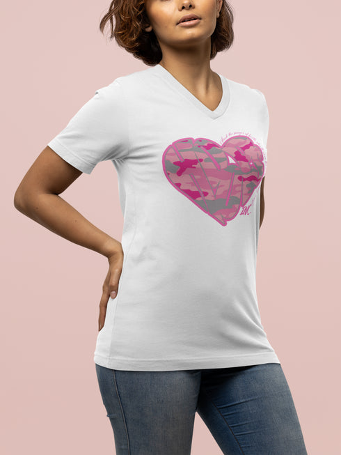 Breast Cancer Awareness Women's V-Neck Tee (Pink Camo Logo)