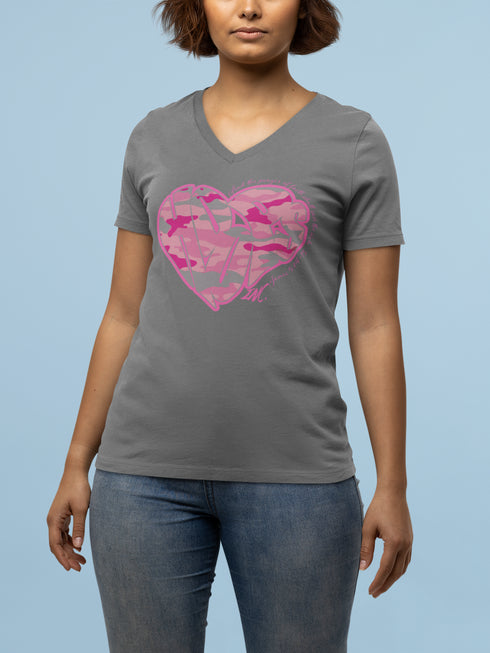 Breast Cancer Awareness Women's V-Neck Tee (Pink Camo Logo)