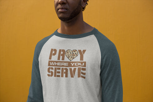 "Pray Where You Serve" - Raglan Long Sleeve - Navy/Grey Heather