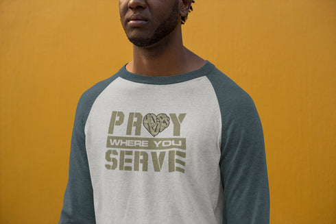 "Pray Where You Serve" - Raglan Long Sleeve - Navy/Grey Heather